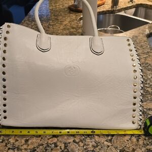 White Leather Tote with Gold Stud Accents